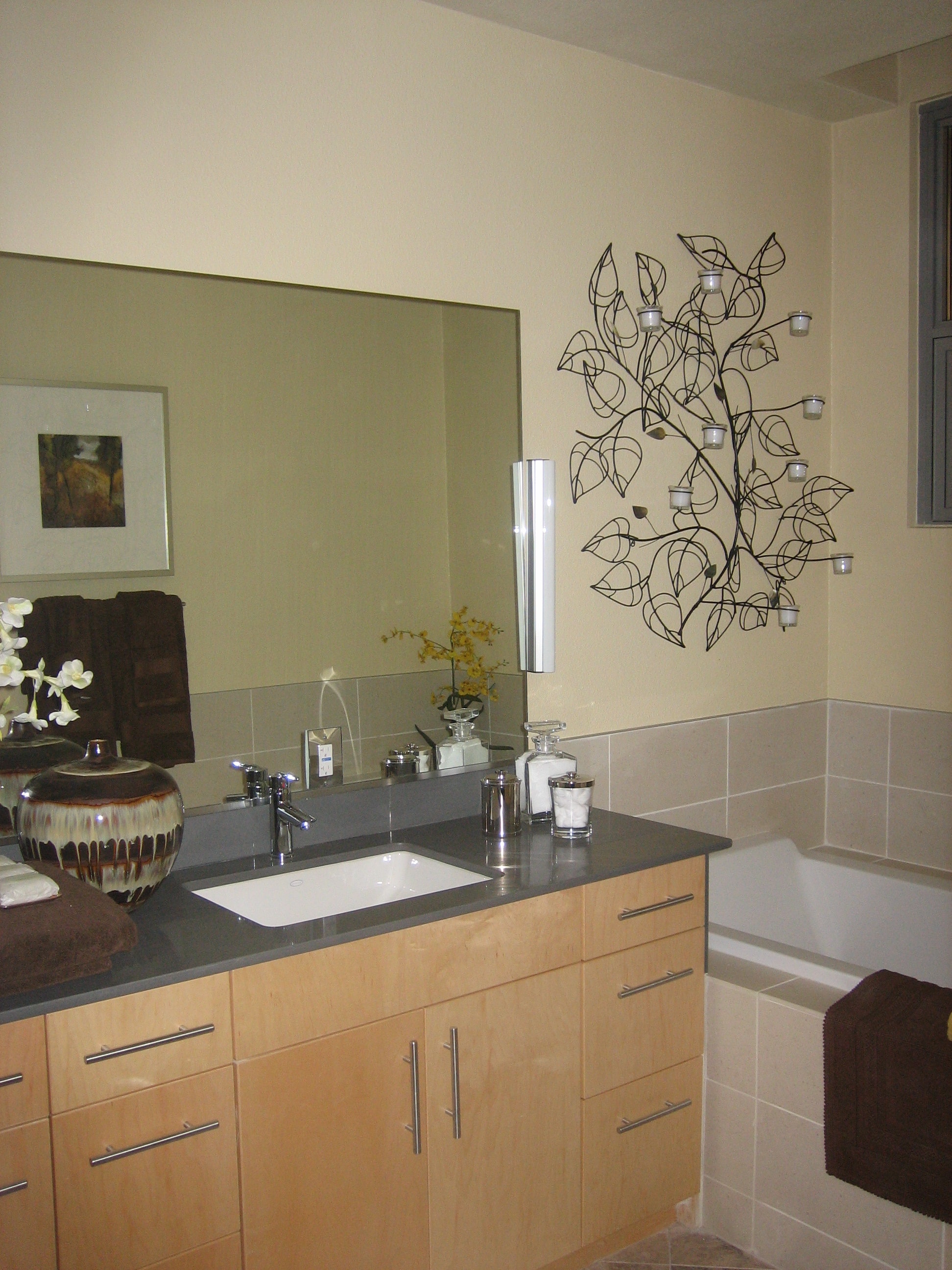 Bathroom with modern vanity and soaking tub